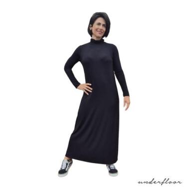Imagem de Vestido feminino preto midi longo manga longa gola alta boho outono in