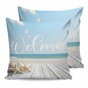 Imagem de Capas de almofada para atividades ao ar livre, aquarela, oceano, estrela-do-mar, capa de almofada à prova d'água, protetores de travesseiro macios, fronhas de praia de verão à beira-mar para sofá