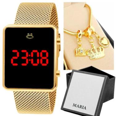 Imagem de Relógio Feminino Digital Quadrado Dourado Pequeno Pulseira Silicone Lu