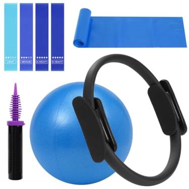 Imagem de WENDISI Conjunto de anéis de pilates fitness círculos, anel de ioga de alta resistência conjunto de equipamentos de pilates para mulheres inclui anel de pilates, bola de exercício pequena de 23 cm, 5