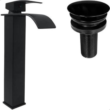 Imagem de Torneira Preta Pia Banheiro Bica Alta Cascata E Valvula Click 1¼ Inox 