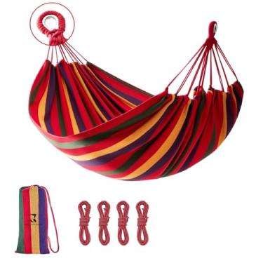 Imagem de Rede de algodão arco-íris rede de tecido confortável com alças de árvore para viagem, pátio, jardim, redes resistentes para pendurar até 299 kg, hamacas portáteis internas/externas com bolsa de viagem