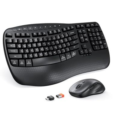 Imagem de MEETION Combo ergonômico sem fio de teclado e mouse, teclas onduladas, digitação natural, receptor USB de 2,4 G, teclado sem fio com descanso de pulso, 4 mouse óptico DPI ajustáveis, computador/laptop