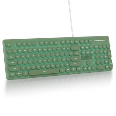Imagem de iRoboosta Teclado silencioso com fio de membrana verde, quadro de chave de máquina de escrever tamanho completo de 104 teclas com teclado numérico, retroiluminado por LED azul, teclas redondas