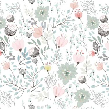 Imagem de Papel de parede floral pastoral de 45 cm x 299 cm, papel de parede de vinil verde rosa para quarto de berçário, papel de parede removível, papel de contato floral para gavetas de armários autoadesivo