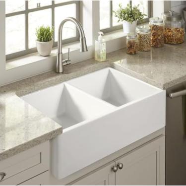 Imagem de Avental Austen Crisp White Fireclay 83,8 cm Tigela dupla para pia de cozinha
