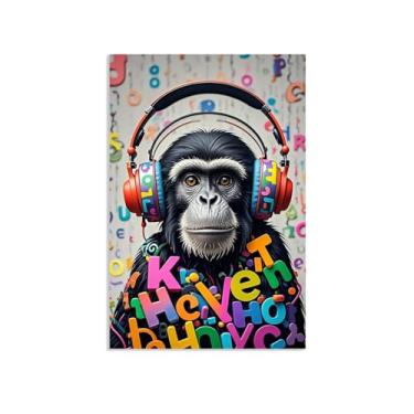 Imagem de SDYJ6GSW Banksy Impressão de arte de parede macaco fone de ouvido arte de parede pôster de macaco arte em tela animal para sala de estar escritório decoração de parede emoldurada pronta para pendurar