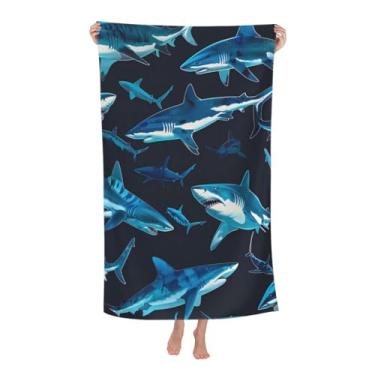 Imagem de VODRM Toalha de praia de tubarão, 81 x 132 cm, microfibra de secagem rápida, peixes marinhos, azul escuro, macio, leve, grande, sem areia, para viagem, piscina, natação, academia, decoração, presentes