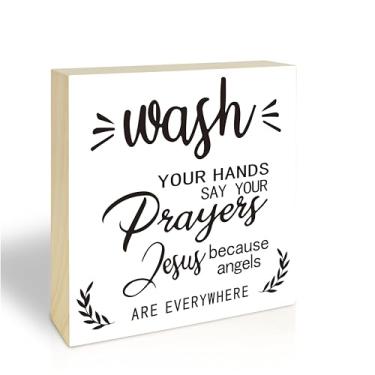 Imagem de Sinais engraçados de bloco de madeira de 12,7 cm x 12,7 cm - lave suas mãos - decoração de mesa para casa de banho, prateleira de banheiro, sinal de caixa de madeira minimalista, presentes para