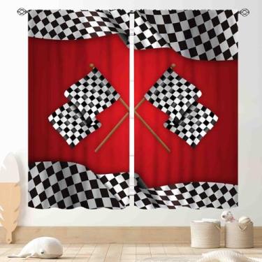 Imagem de Cortinas de carro de corrida para quarto de meninos, bandeira quadriculada preta e branca para esportes radicais, jogo de arrefecimento, cortina de janela vermelha para adolescentes, homens, quarto