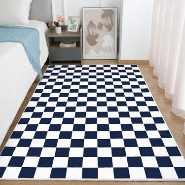 Imagem de Terrug Tapete xadrez azul marinho e branco para quarto, tapetes de área de 10 x 15 cm laváveis com antiderrapante para sala de estar, tapete retrô macio de baixa resistência a manchas para dormitório