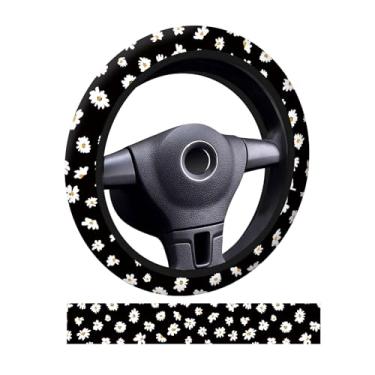 Imagem de ADQWIOVL Capa de volante de carro, capas universais de neoprene antiderrapante de 38 cm, acessórios de carro engraçados para mulheres e homens, ajuste de automóvel, SUVs, caminhão, margarida preta