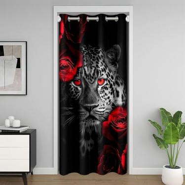Imagem de Cortina de porta com olhos de guepardo rosa vermelha 86,4 cm L x 203,2 cm C 3D selva cinza leopardo cortina de porta privacidade para crianças adolescentes adultos mulheres animais selvagens romântico