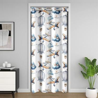 Imagem de Cortina de porta infantil com balões de ar quente, avião, avião, avião, cortina blackout para quarto, sala de estar, desenho animado estrelas nuvens azul sonho privacidade porta drapeada 1 painel, 107