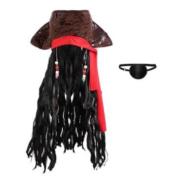 Imagem de Starsouce Acessórios de pirata para homens e mulheres, chapéu de tricórnio pirata com dreadlocks e tapa-olhos, fantasia de cosplay de Halloween