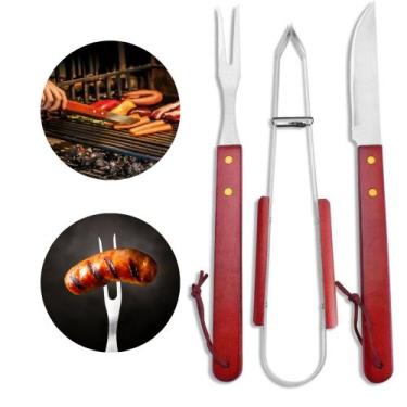 Imagem de Kit Churrasco 3 Peças Pegador Faca E Garfo Cabo De Madeira - bbless