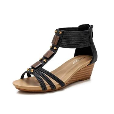 Imagem de Sandálias femininas de cunha, moda, dedo do pé aberto, zíper para trás moda verão sapatos de dedo aberto, antiderrapante, respirável, conforto sandálias de couro macio, para saias curtas(Black,36 EU)