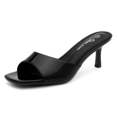 Imagem de Shoe Land Sapatilhas femininas de salto agulha de salto baixo, bico aberto, uma faixa de salto sem cadarço, sandálias elegantes de salto para formatura, festa de casamento e férias, 9936 preto, 38