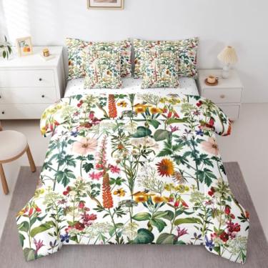Imagem de Erosebridal Conjunto de edredom solteiro com flores coloridas, retrô, natureza, 7 peças, folhas botânicas, cama em um saco, conjunto de colcha de jardim de primavera fresca