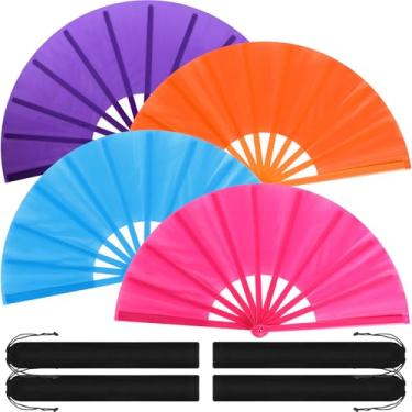 Imagem de Blulu 4 peças de leques grandes dobráveis para dança em linha, grandes de seda, palmas à mão, para botas de dança no chão, decoração de festa (estilo clássico, roxo, azul, laranja, rosa, 33 cm)