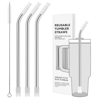 Imagem de Prurex Canudos reutilizáveis de aço inoxidável com ponta de silicone para Stanley 850 g, canudos de metal para copo de 850 g, 3 tubos dobrados e 6 pontas e 1 escova Cleanr (transparente)