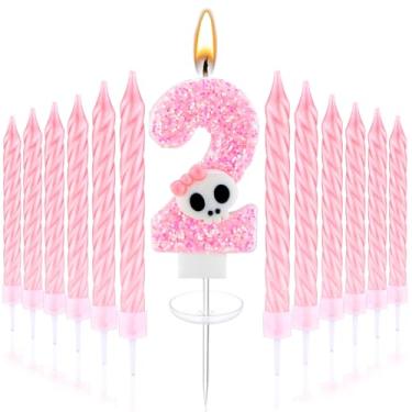 Imagem de Conelist Bad Two The Bone Decorações de bolo de aniversário número 2 vela esqueleto caveira rock and roll topo de bolo de 2º aniversário com 12 velas longas finas espirais para lembrancinhas de festa