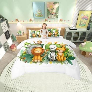 Imagem de Manfei Conjunto de edredom com desenho animado de animais e crianças, tamanho casal, folhas da selva, leão, elefante, zebra, girafa, microfibra escovada, edredom de cama macio, 3 peças