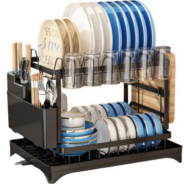 Imagem de Escorredor de pratos para balcão de cozinha, escorredor de pratos de metal de 2 camadas, organizadores e armazenamento de cozinha, escorredores de pratos com suporte de dreno e utensílios, organizador
