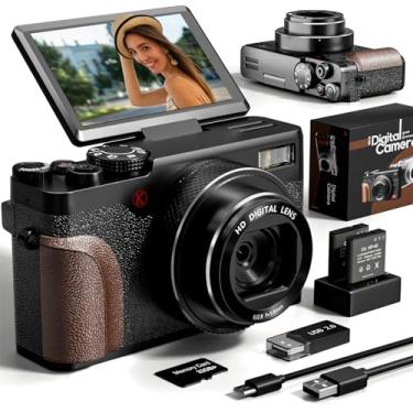 Imagem de Câmera digital 4K de 56 MP para fotografia e vlogging no YouTube – Câmera de vídeo com zoom UHD de 18X com tela flip de 7,6 cm 180°, cartão SD de 32 GB e 2 baterias – Viagem compacta (preto)