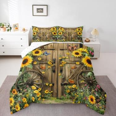 Imagem de Erosebridal Conjunto de edredom rústico com porta de celeiro, arte de fazenda, para meninas, retrô, placa de madeira, girassol, folhas verdes