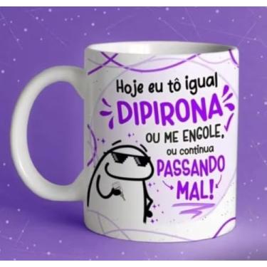 Imagem de Caneca Engraçada com Frase 'Hoje eu tô igual Dipirona', Cerâmica Branca, Design Divertido em Roxo e Preto