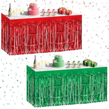 Imagem de Pacote com 2 saias de mesa vermelhas e verdes, 73,7 x 274,3 cm de folha metálica com franja para mesas retangulares, cortinas de flâmula, pano de fundo, decorações de festa para aniversários