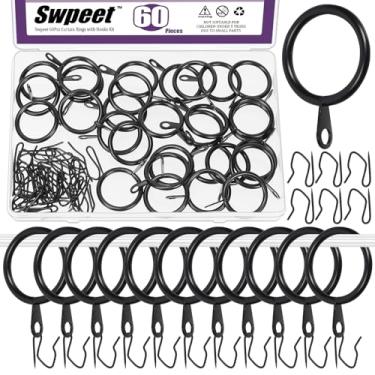 Imagem de Swpeet 60 peças de anel de cortina de metal preto de 25 mm/2,5 cm de diâmetro interno com ganchos de cortina, kit sortido, anel de ilhó deslizante drapeado, ganchos de cortina de metal, para cortina