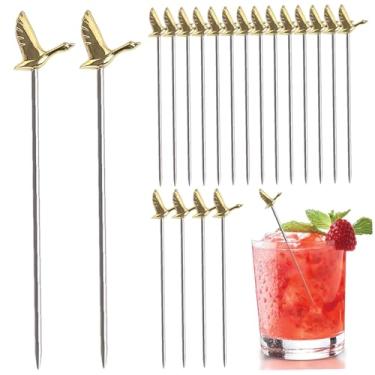 Imagem de 20 palitos de metal para coquetel, espetos de coquetel de aço inoxidável cisne dourado martini palitos de azeitona para bar churrasco frutas