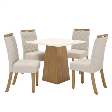 Imagem de Mesa de Jantar Dora 90cm Canto Reto sem Vidro Nature Off White com 4 Cadeiras Bella Linho - Henn