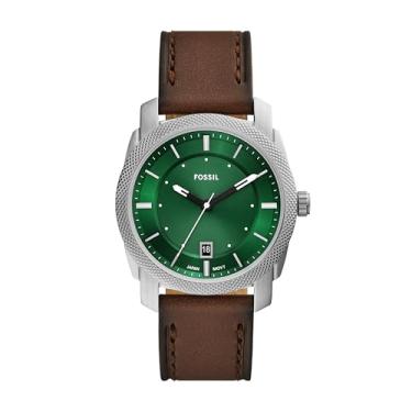Imagem de Fossil Relógio masculino Machine com três ponteiros prata aço inoxidável e pulseira de couro marrom (modelo: FS6085), Marrom, Máquina