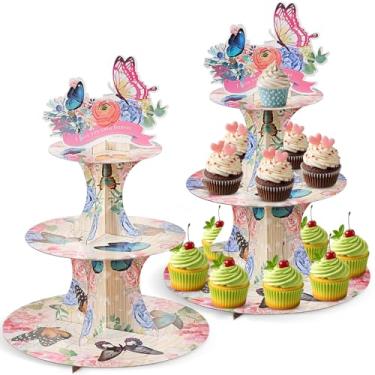 Imagem de Katieyca Suporte floral vintage para cupcake com relógio, torre de sobremesa de 5 andares, rosa e azul, exibição decorativa para chá de bebê, hora do chá