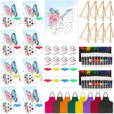 Imagem de Cholemy Conjunto de 8 kits de tinta e sip para adultos 20 cm x 25 cm tela pré-desenhada com cavaletes de madeira pincéis de tinta acrílica avental de paleta de copos de lavagem para pintura faça você