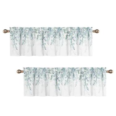 Imagem de Uiiooazy Saias de cozinha com folhas azul-claro verde ramos de salgueiro para janela pequena 132x45 cm cortina de janela com bolso para varão para sala de estar quarto 2 painéis