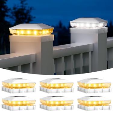 Imagem de NIORSUN Luzes solares com tampa de poste à prova d'água, 2 modos de iluminação 4 x 4 postes de luzes solares, postes de cerca para decoração de terraço e jardim, tampas de vinil de madeira, pacote com
