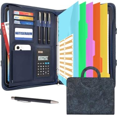 Imagem de NATISERAUM Organizador de portfólio – fichário de 3 anéis com zíper, pasta de couro vegano com bloco de notas, inclui 5 protetores de folhas coloridas para arquivos de documentos para homens e