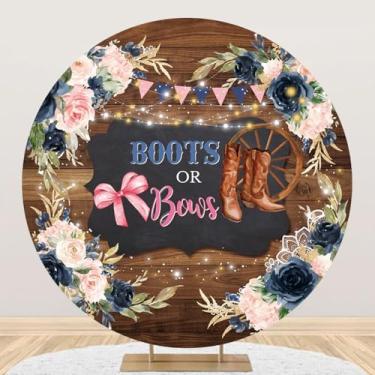 Imagem de dnldliq Botas ou laços de 2 metros revelam o gênero pano de fundo redondo para meninos ou meninas, decoração de festa de chá de bebê, botas de caubói de madeira rústica, arcos rosa, fundo fotográfico