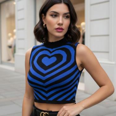 Imagem de Cropped Tricot Modal Coração Sem Manga - Vitrine Colleciton, Azul escu