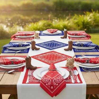 Imagem de Chicingyou 24 Sets/ 72 Pcs Western Centerpieces for Tables Rodeo Party Favors Gift Cowboy Red Bandana Napkin for Wedding, Paisley Napkin Horseshoe Pendant Kraft Paper for Rodeo Birthday Party Decor