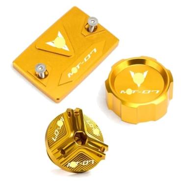 Imagem de Compatível com MT07 MT 07 Mt-07 FZ07 2015-2022 2023 2024 Acessórios Tampa do reservatório de fluido de freio dianteiro traseiro tampas de válvula de enchimento de óleo (3 peças douradas)