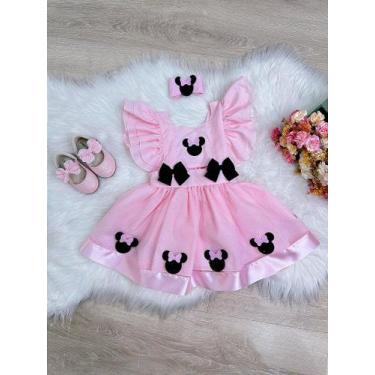 Imagem de Romper da Minnie Rosa com Laço e Saia Glitter Luxo - Tamanho P, M, G -