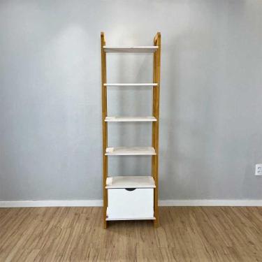 Imagem de Estante 6 Prateleiras de Madeira Pinus Linea Slim com Gaveta Branco e 