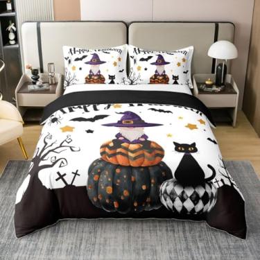 Imagem de Erosebridal Jogo de cama Happy Halloween 100% algodão natural, capa de edredom de chapéus de bruxa de gnomo, tamanho Queen, lanternas de abóbora, árvore, capa de edredom, gatos, morcegos, estrelas,
