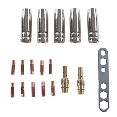 Imagem de Conjunto de bico de ponta de contato de cobre consumíveis para tocha de soldagem com chave para tocha de soldagem MIG MB15 10 pontas de contato 5 bicos 2 bielas