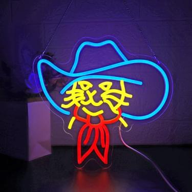 Imagem de HSJNJKFU Placa neon de gato LED neon para decoração de parede, chapéu de caubói, luz de gato, placas de néon para quarto, festa em casa, aniversário, bar, cerveja, caverna - LED neon alimentado por